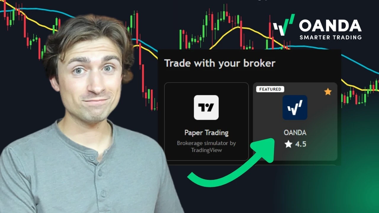 OANDA educational thumbnail showing a presenter next to a TradingView user interface titled 'Trade with your broker'. A green curved arrow points directly to the featured OANDA broker connection card, which sits alongside a 'Paper Trading' card over a can