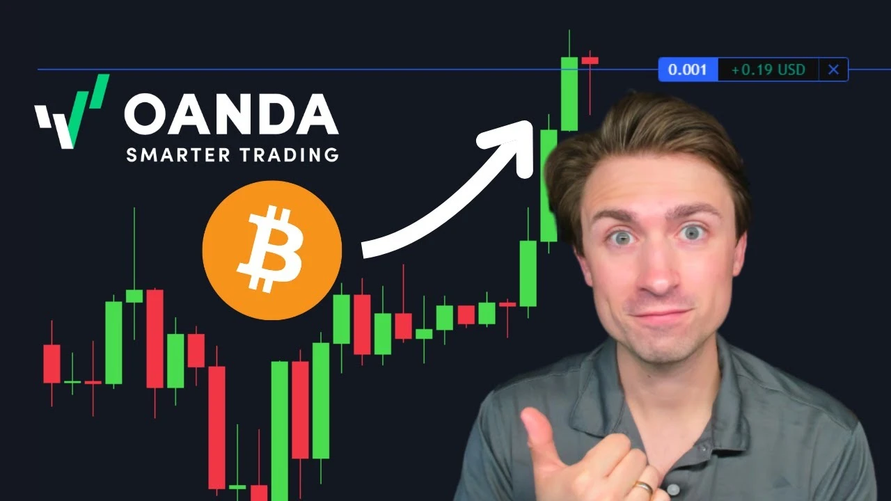 OANDA platform integration thumbnail featuring a presenter pointing his thumb next to a bright orange Bitcoin logo. A white directional arrow points up along a rising green and red candlestick chart toward a TradingView floating order execution window dis