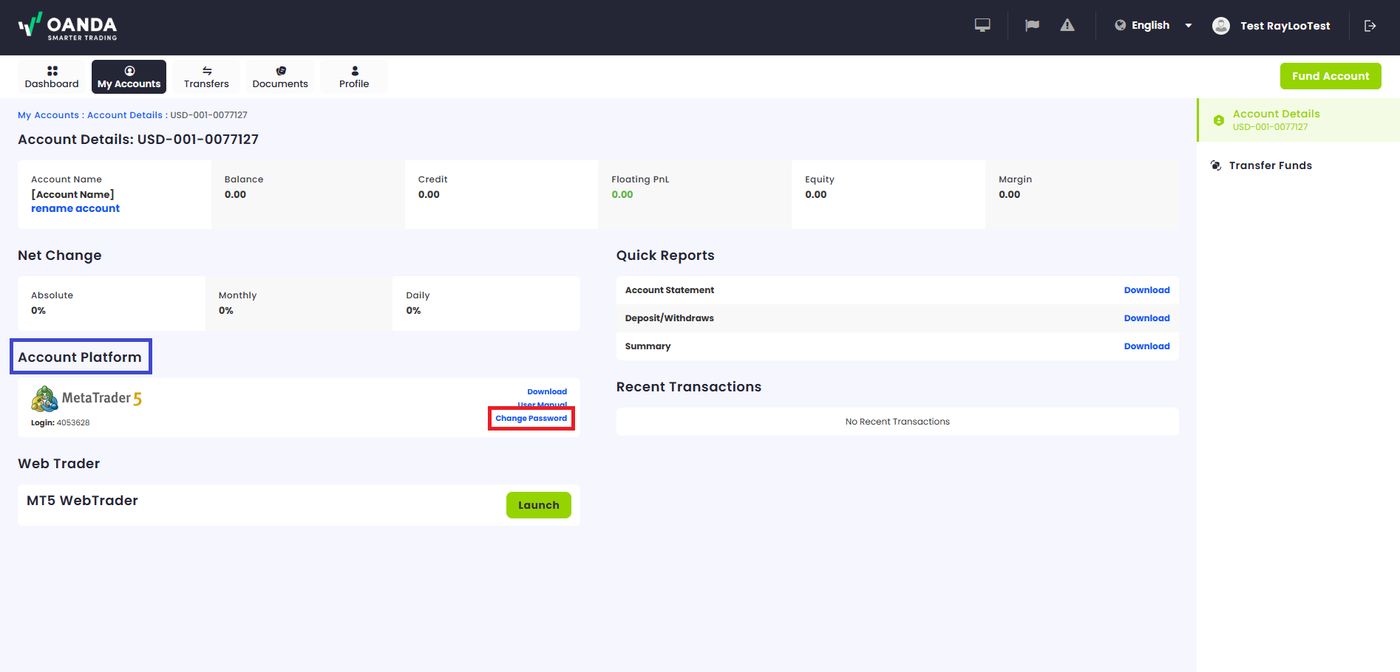 OANDA OGM Current Desk Trading Account Change Password